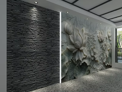 Modern Interior Background Wall With 3D Lotus Flower Relief And Dark Striped Design 3d model