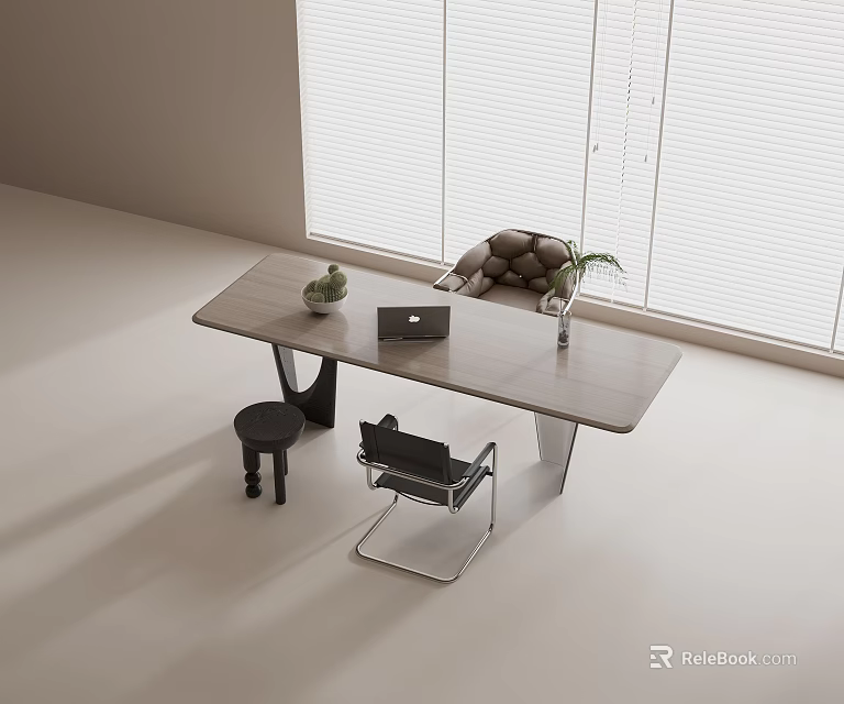 Modern Wooden Desk With Laptop Small Potted Plant Black Chair And Window Blinds 3d model 