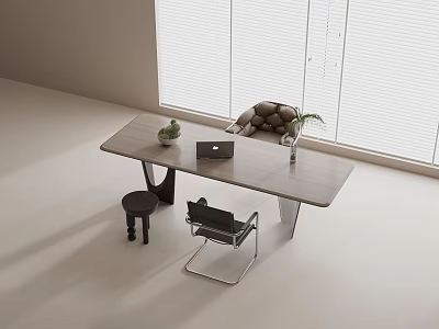 Modern Wooden Desk With Laptop Small Potted Plant Black Chair And Window Blinds 3d model