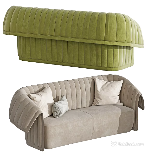 Green And Beige Multi Seater Sofa With Ribbed Design And Accent Pillows 3d model