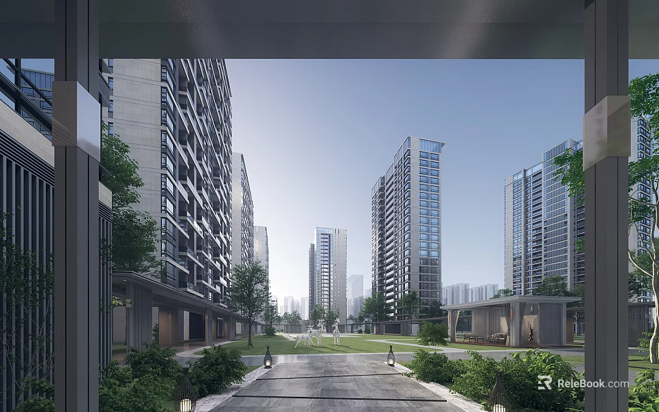 Modern Residential Buildings in Urban Community With Green Lawn And Tree Lined Pathway 3d model 