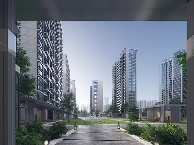 Modern Residential Buildings in Urban Community With Green Lawn And Tree Lined Pathway 3d model