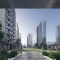 Modern Residential Buildings in Urban Community With Green Lawn And Tree Lined Pathway