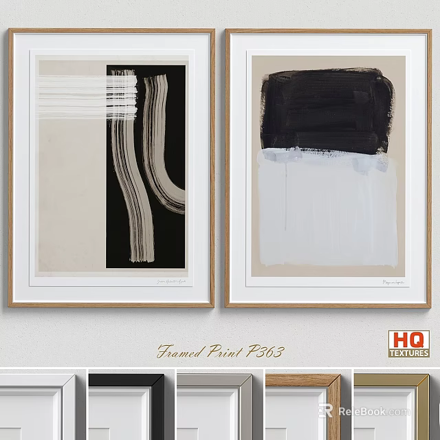 Two Framed Abstract Prints With Black White Beige Tones And High Quality Textures 3d model 