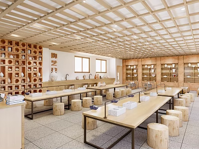 School Building Interior Featuring Wooden Ceiling Bookshelves Long Tables And Wooden Stools 3d model