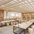 School Building Interior Featuring Wooden Ceiling Bookshelves Long Tables And Wooden Stools