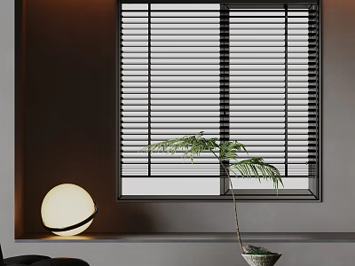 Modern Window With Black Shutter Blinds Gray Wall Round Lamp And Potted Plant 3d model