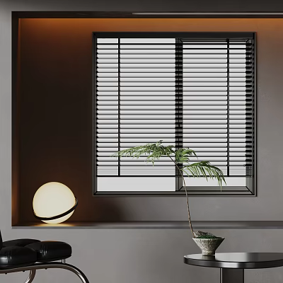 Modern Window With Black Shutter Blinds Gray Wall Round Lamp And Potted Plant 3d model