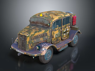 Vintage Military Truck With Camouflage Paint Yellow Triangle Sign And Red Fire Extinguisher 3d model
