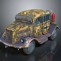 Vintage Military Truck With Camouflage Paint Yellow Triangle Sign And Red Fire Extinguisher