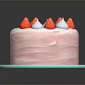 Layered Strawberry Cake with Fresh Strawberries and Cream on Blue Plate with Sliced Piece