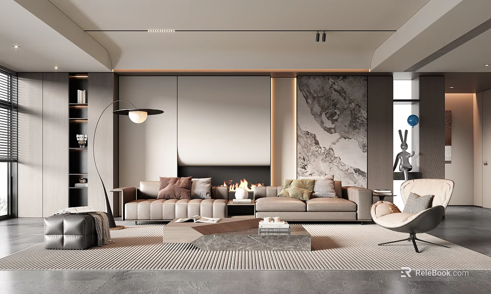 Modern Living Room Interior Design With Beige Sofas Marble Coffee Table Fireplace And Decorative Painting 3d model 