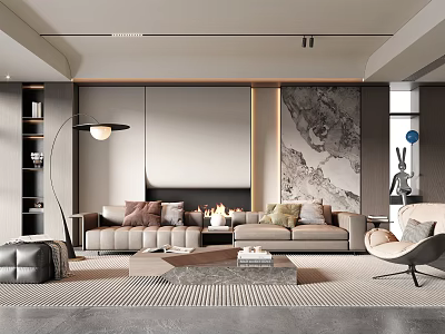 Modern Living Room Interior Design With Beige Sofas Marble Coffee Table Fireplace And Decorative Painting 3d model
