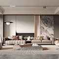 Modern Living Room Interior Design With Beige Sofas Marble Coffee Table Fireplace And Decorative Painting