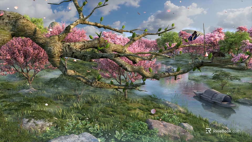 Beautiful Natural Landscape With Cherry Blossom Trees Pink Flowers River Butterfly Green Grass And Rocks 3d model 
