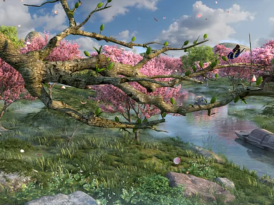 Beautiful Natural Landscape With Cherry Blossom Trees Pink Flowers River Butterfly Green Grass And Rocks 3d model