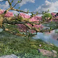 Beautiful Natural Landscape With Cherry Blossom Trees Pink Flowers River Butterfly Green Grass And Rocks