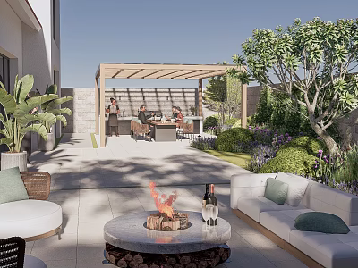 Courtyard Garden Design With Fire Pit Outdoor Sofa Pergola And Lush Greenery 3d model