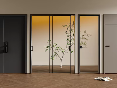 Modern Glass Swing Door With Black Frame Warm Light Wooden Floor Background 3d model