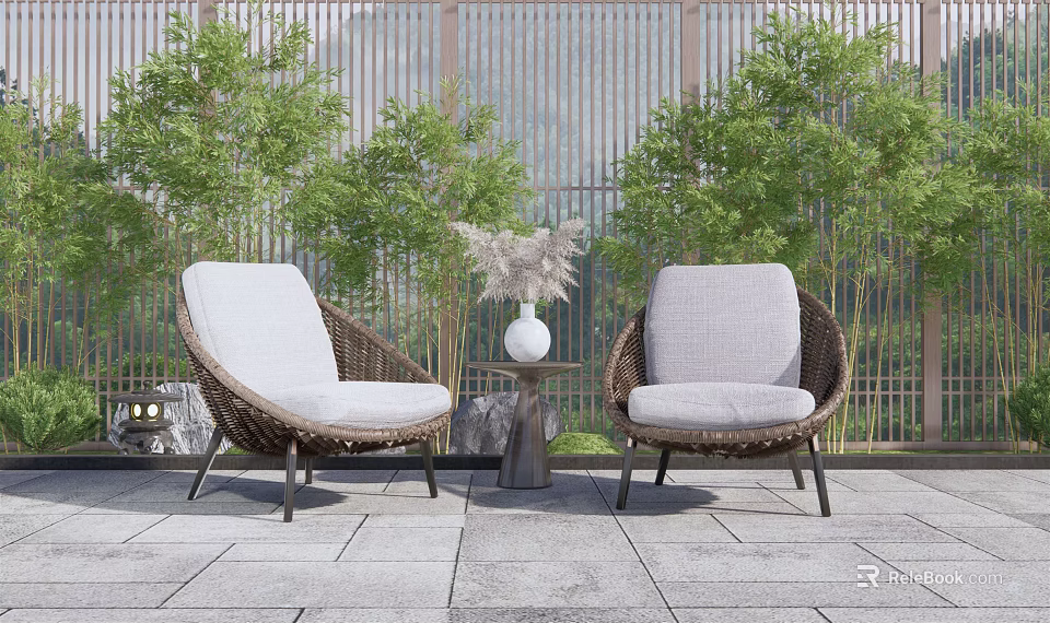 Outdoor Rattan Casual Sofa Set With Two Chairs Small Table Vase And Green Plants 3d model 