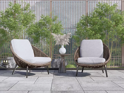 Outdoor Rattan Casual Sofa Set With Two Chairs Small Table Vase And Green Plants 3d model
