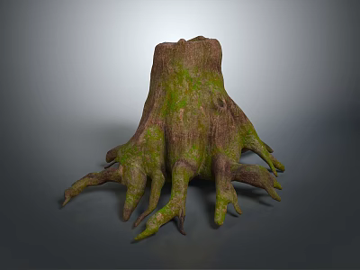 Natural Wood Stone Stump With Green Moss And Extended Tree Roots 3d model