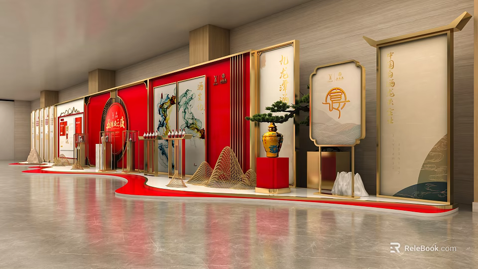 Traditional Chinese Interior Display With Red Screens Golden Frames And Calligraphy Art 3d model 