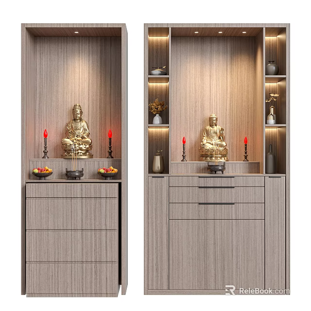 Wooden Buddhist Shrine Cabinet with Drawers Open Shelves Featuring Golden Buddha Statue Red Candles Offerings 3d model 