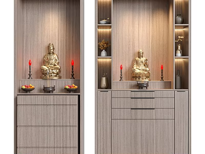 Wooden Buddhist Shrine Cabinet with Drawers Open Shelves Featuring Golden Buddha Statue Red Candles Offerings 3d model