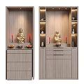 Wooden Buddhist Shrine Cabinet with Drawers Open Shelves Featuring Golden Buddha Statue Red Candles Offerings