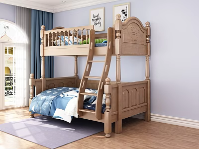 Wooden Bunk Bed With Ladder And Blue Bedding In Kids Room Decor 3d model