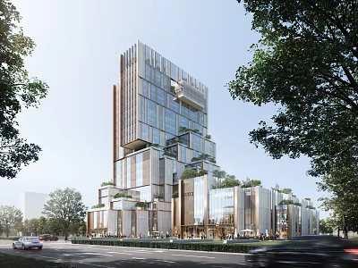 Modern High Rise Office Building With Glass Curtain Wall And Green Plants On Urban Street 3d model