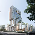 Modern High Rise Office Building With Glass Curtain Wall And Green Plants On Urban Street