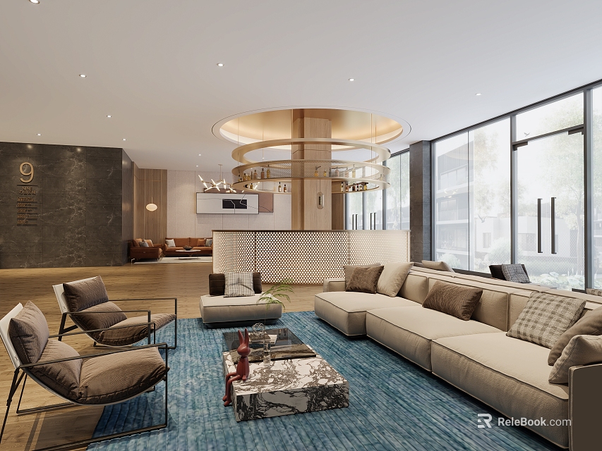 Modern Hotel Public Lounge Area With Beige Sofa Gray Armchairs Blue Carpet And Large Windows 3d model 