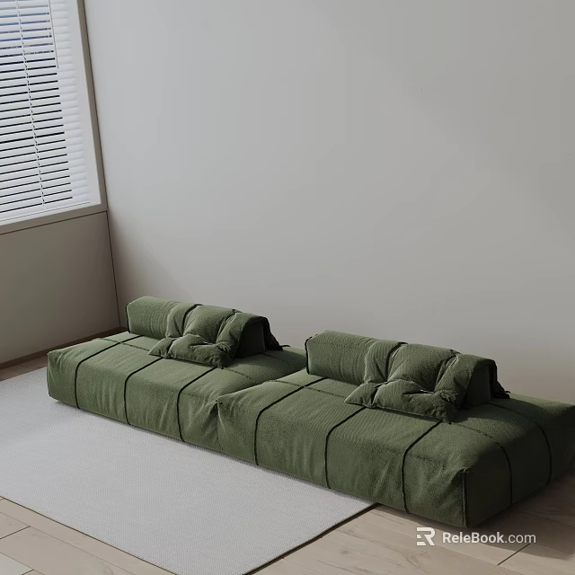 Green Three Seater Sofa with Velvet Fabric and Cushions in Minimalist Room with Window Blinds 3d model 