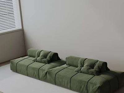 Green Three Seater Sofa with Velvet Fabric and Cushions in Minimalist Room with Window Blinds 3d model
