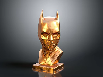 Golden Female Bust Sculpture With Bat Like Ears Helmet On Dark Background 3d model