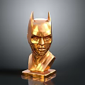 Golden Female Bust Sculpture With Bat Like Ears Helmet On Dark Background