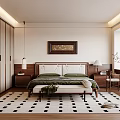 Modern Bedroom Interior With Wooden Wardrobe Green Pillows And Black White Dot Rug