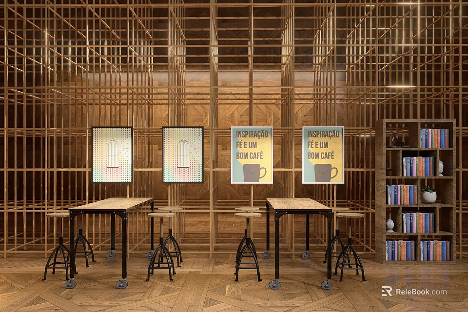 Bookstore With Wooden Grid Posters Imagine Feel Read Text Tables Stools And Books On Shelves 3d model 
