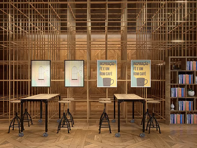 Bookstore With Wooden Grid Posters Imagine Feel Read Text Tables Stools And Books On Shelves 3d model