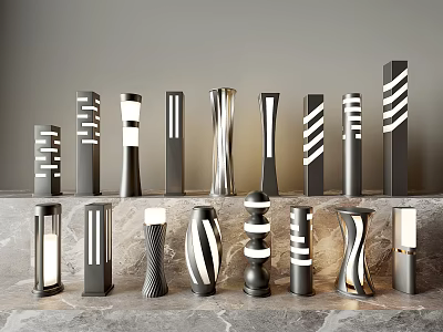 Various Styles Modern Outdoor Lights Featuring Different Shapes And Striped Patterns 3d model
