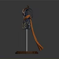 Horned Fantasy Character With Ornamental Headpiece Orange Cape Blue Gold Armor On Wooden Base