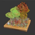 Autumn Cartoon Scene With Golden Trees Haystacks Pumpkins White Stones And Wooden Fence On Base