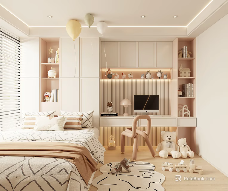 Kids Tatami Bedroom Interior With Built in Bookshelves Desk Toys Balloons And Rug 3d model 