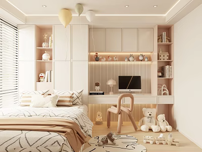 Kids Tatami Bedroom Interior With Built in Bookshelves Desk Toys Balloons And Rug 3d model