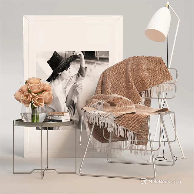 Leisure Chair With Metal Frame Brown Fringed Blanket Side Table Pink Flowers And Floor Lamp 3d model 
