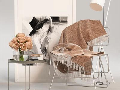 Leisure Chair With Metal Frame Brown Fringed Blanket Side Table Pink Flowers And Floor Lamp 3d model