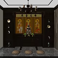 Traditional Buddhist Worship Shrine With Golden Portraits Central Buddha Statue Wooden Altar And Prayer Cushions