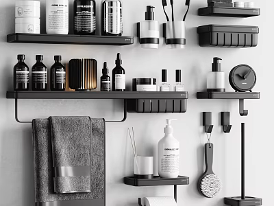 Modern Bathroom Accessories Organized On Wall Shelves With Bottles Towel And Toiletries 3d model